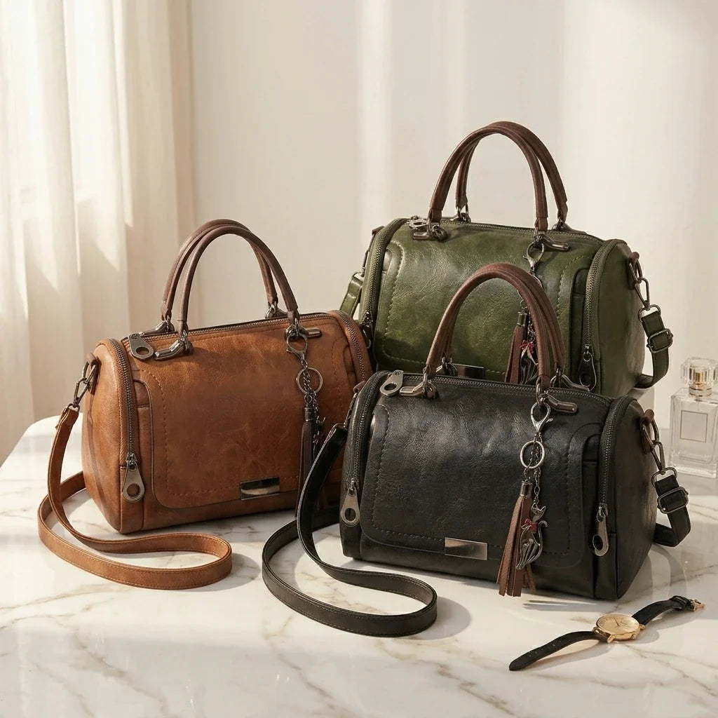Sac Bandoulière Elena Cuir Souple Pompon