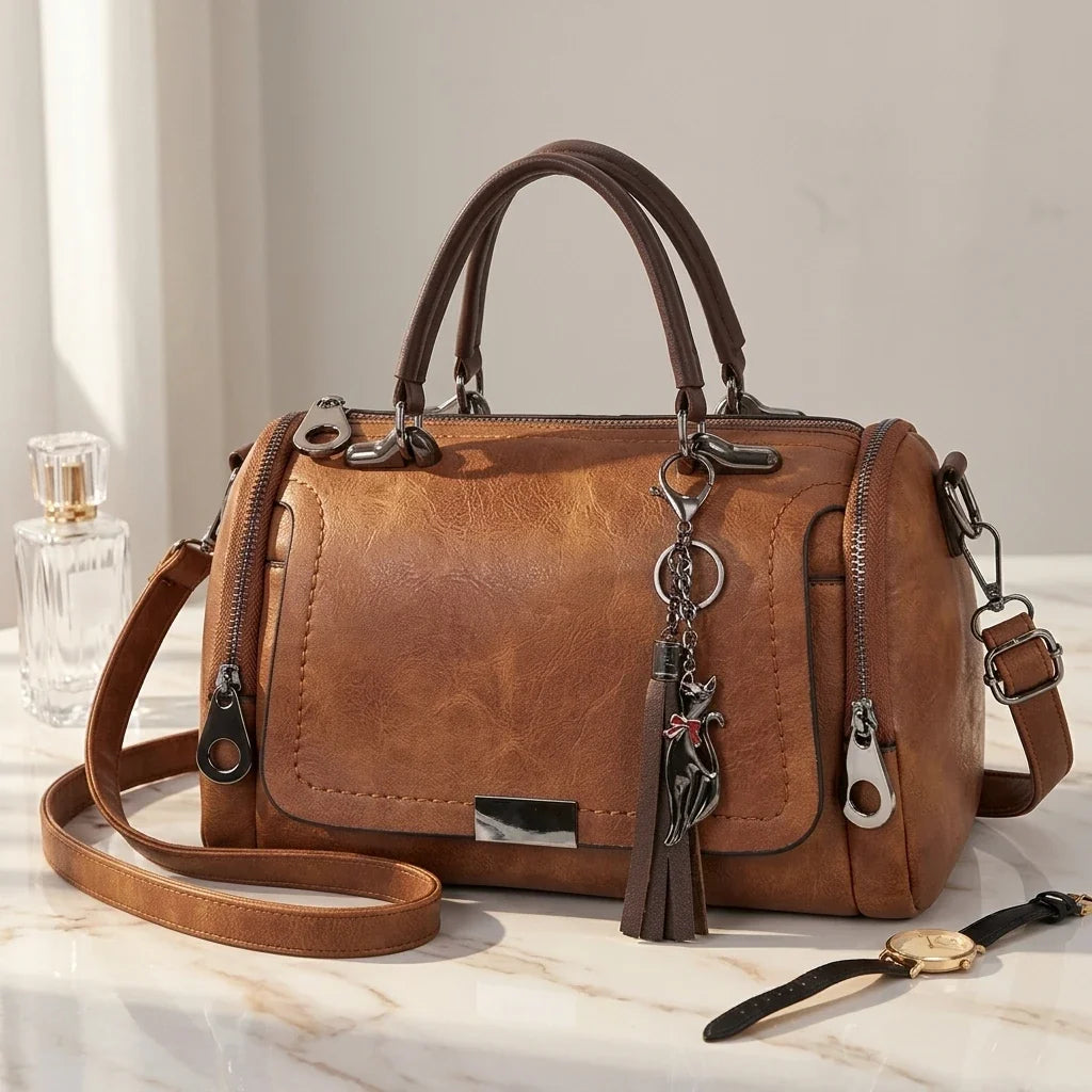 Sac Bandoulière Elena Cuir Souple Pompon