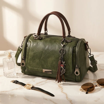 Sac Bandoulière Elena Cuir Souple Pompon