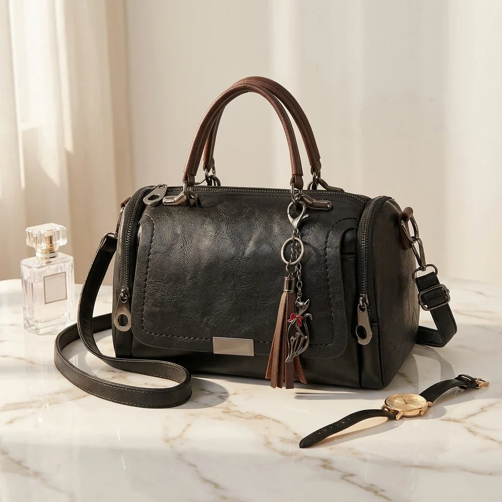 Sac Bandoulière Elena Cuir Souple Pompon