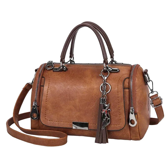 Sac Bandoulière Elena Cuir Souple Pompon
